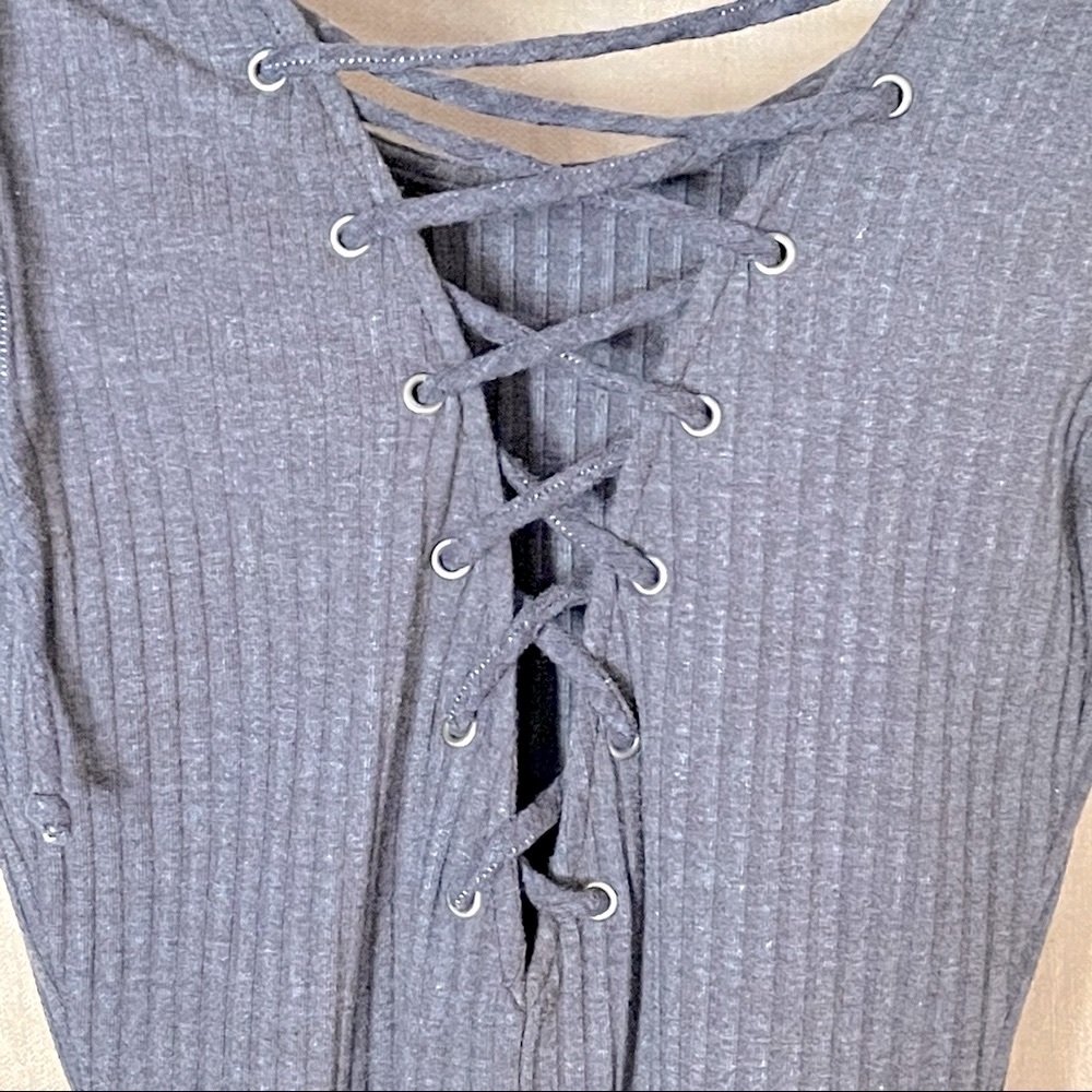 NYTT Bodysuit Ribbed Lace Up Long Sleeve